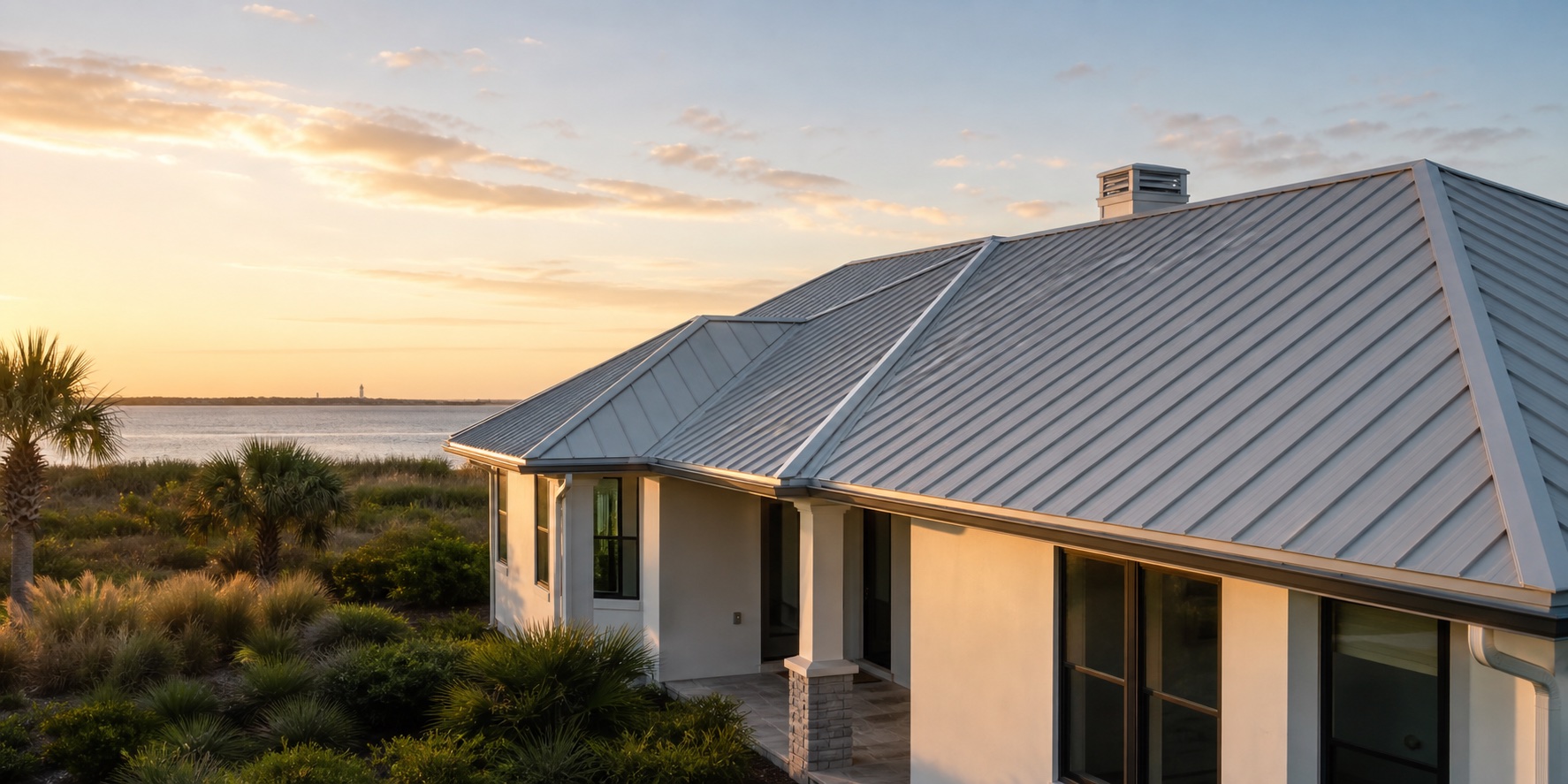 Silver standing-seam roof on a coastal Brevard County home beside palms and water at sunrise